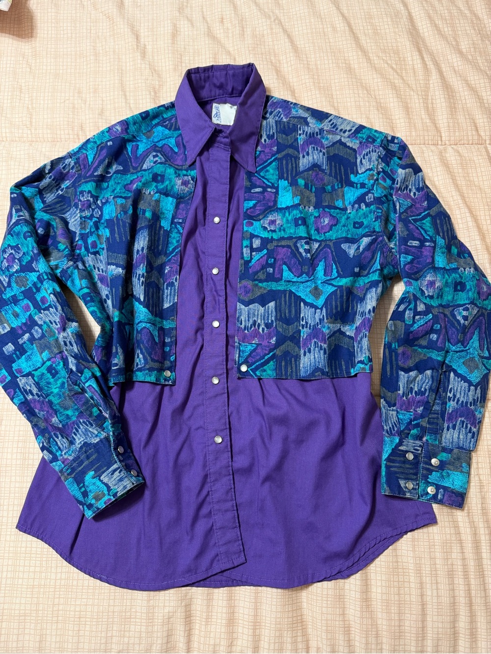 Women's Purple Button-Down Shirt with Teal Patterned Overlay